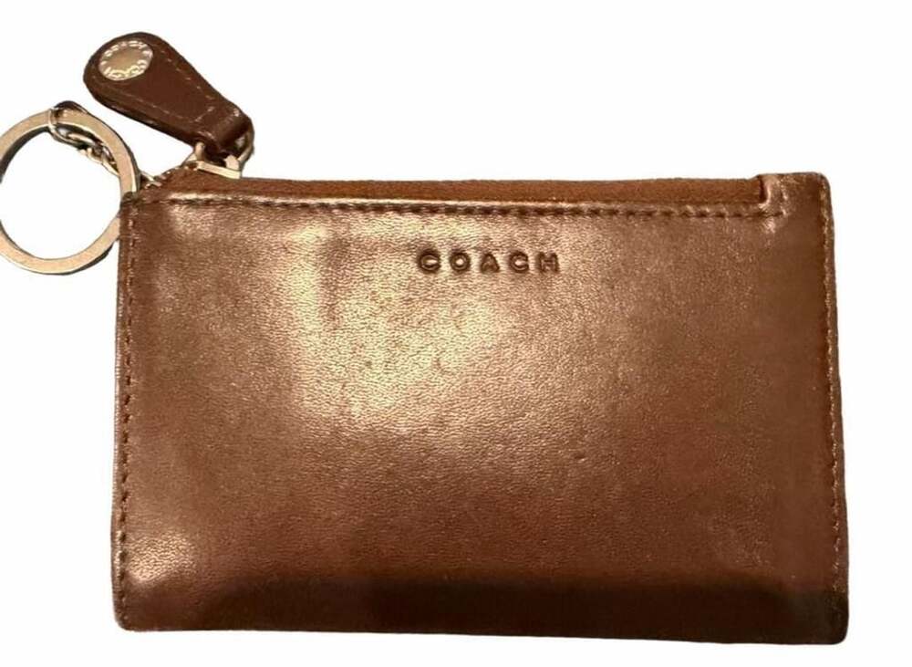 Coach Brown Leather Zip Card Case Wallet with Keychain